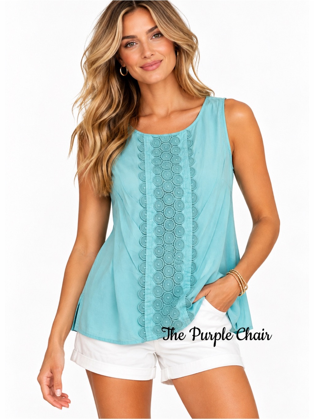 TALBOTS Aqua Sleeveless Embroidered Top 6P